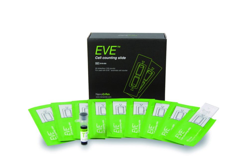 Accessoires pour compteur de cellules automatisé EVE™ | Description: Lames porte-objet pourcompteur de cellules EVE™ avec1 x 1,5 ml de bleu trypan (0,4 %) pour 100 comptages