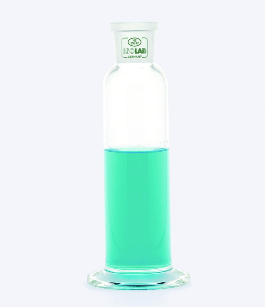 Gaswaschflaschen nach Drechsel, Borosilikatglas 3.3 | Beschreibung: Gaswaschflaschenaufsatz, mit Filterplatte, mit Glasolive
