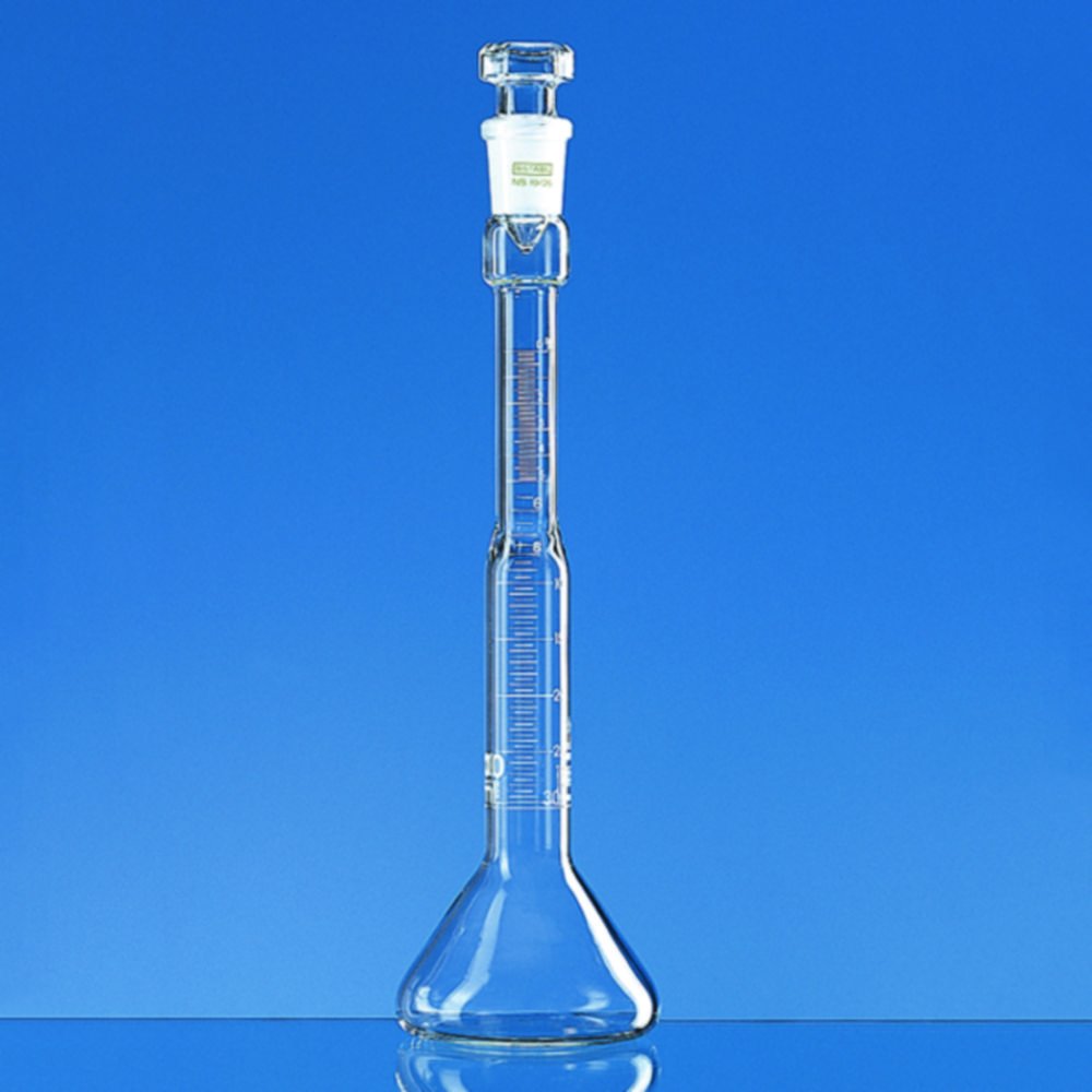 Fiole jaugée, pour détermination de la teneur en huile, en verre borosilicaté 3.3, graduation blanche