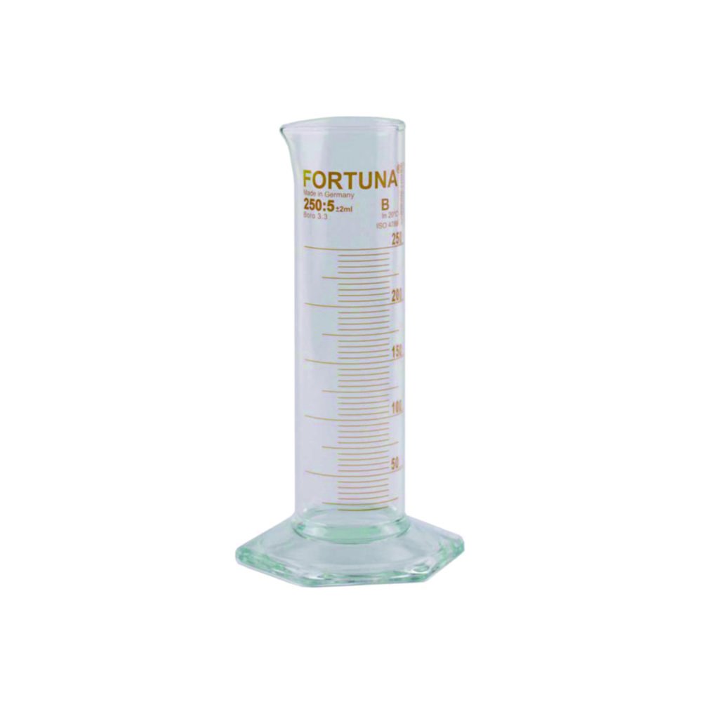 Messzylinder FORTUNA®, Borosilikatglas 3.3, niedrige Form, Klasse B, braun graduiert