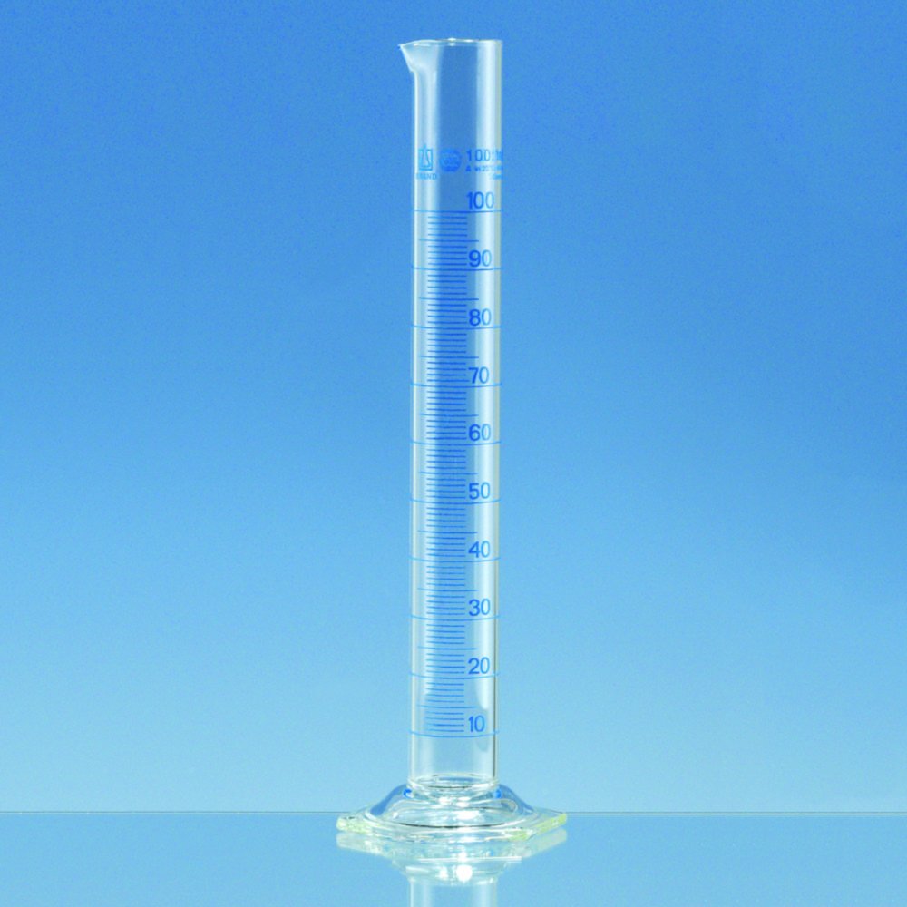 Eprouvette graduée, en verre borosilicate 3.3, forme haute, classe A, graduations bleues | Volume nominal: 250 ml