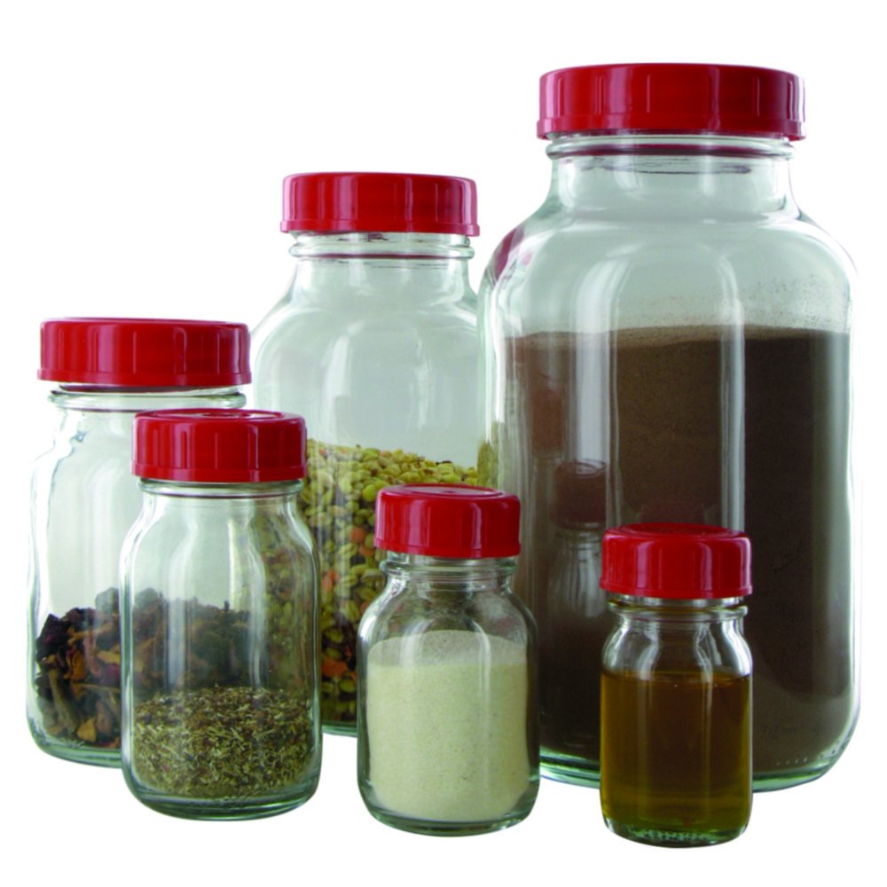 Wide-mouth bottles, clear glass, PTFE-lined screw caps