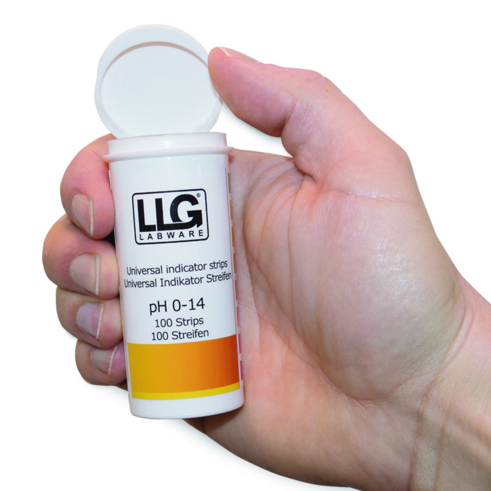 Papier indicateur universel - LLG "Premium", en bandelettes, boîte avec couvercle clipsable | Plage pH: 0 ... 14