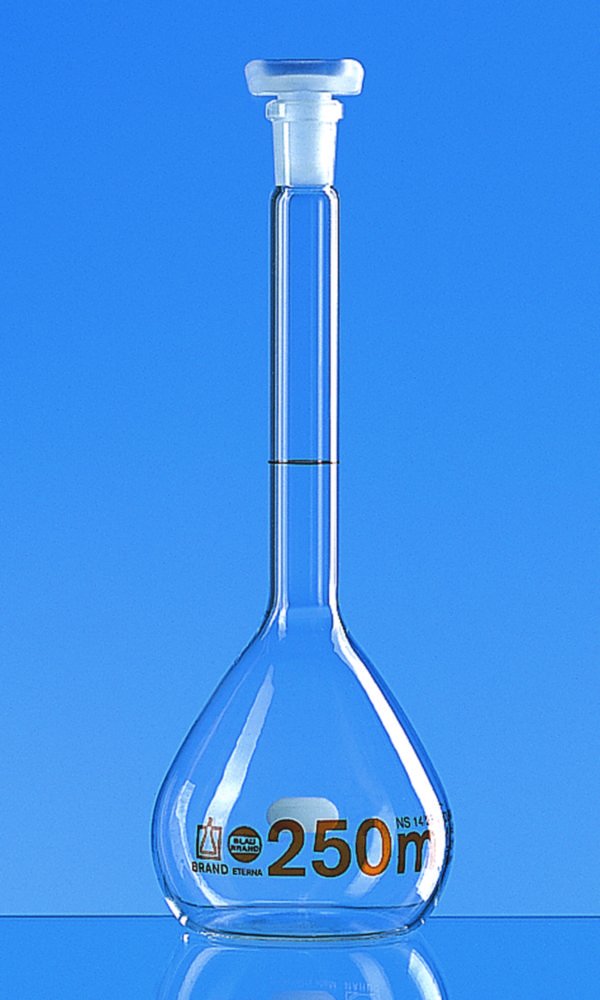Fiole jaugée, en verre boro 3.3, classe A, graduations brunes, avec bouchon en PP | Volume nominal: 25 ml