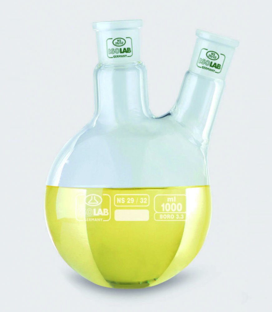Round bottom flasks with two necks, angled arm, borosilicate glass 3.3