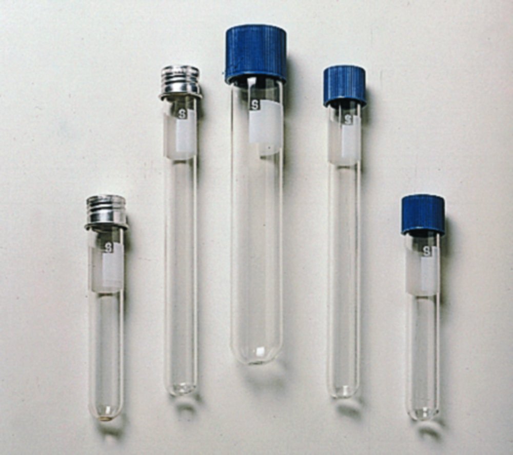 Tube de culture en verre borosilicate 3.3, avec bouchon à vis en plastique | Dimensions (ØxL): 16 x 98 mm