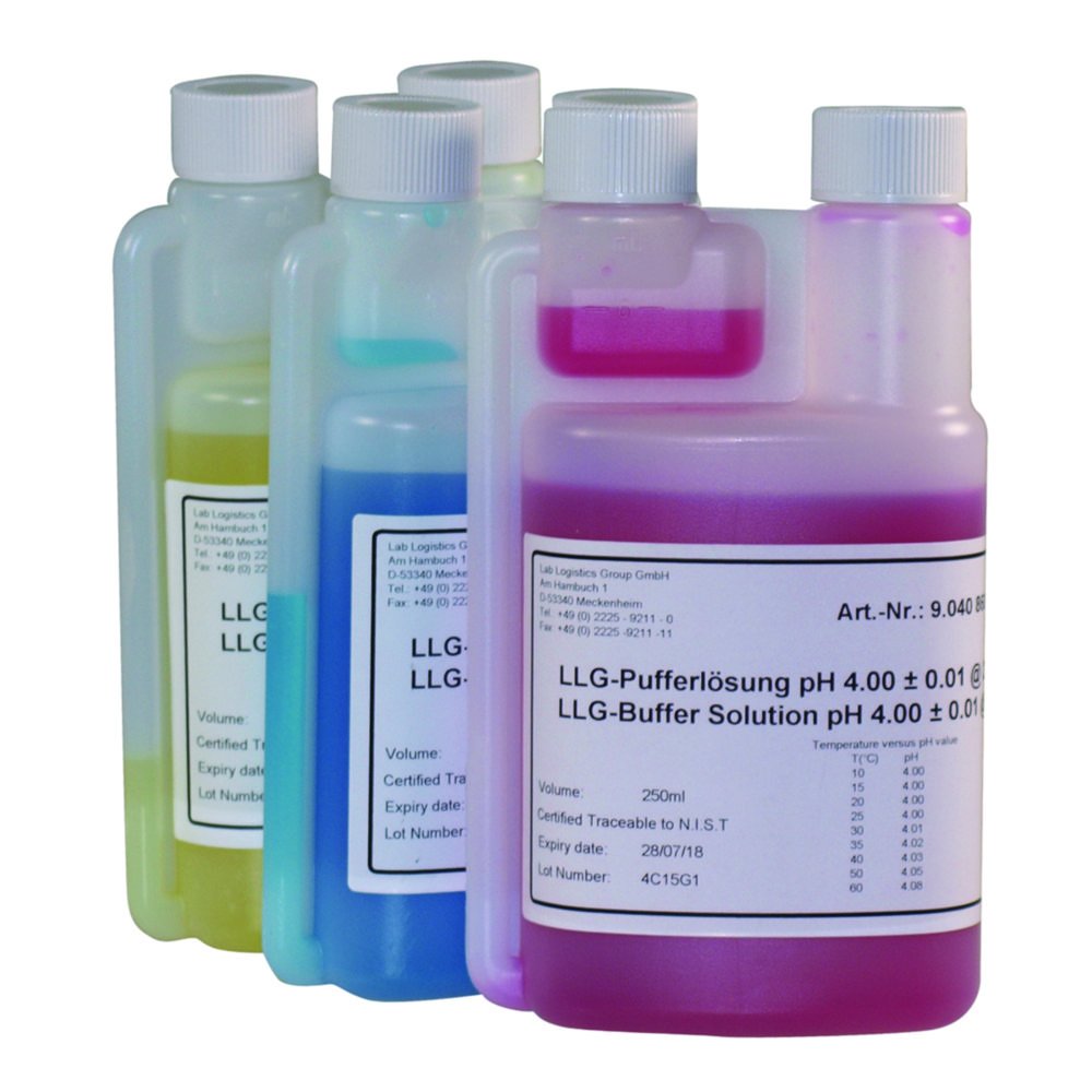 Solutions tampons pH LLG avec code couleur en flacons doseurs Twin-Neck