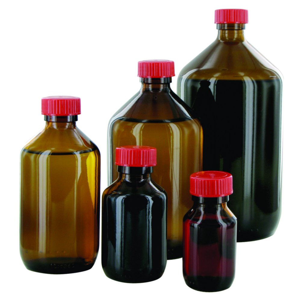 Narrow-mouth bottles, glass, amber, PTFE-lined screw caps