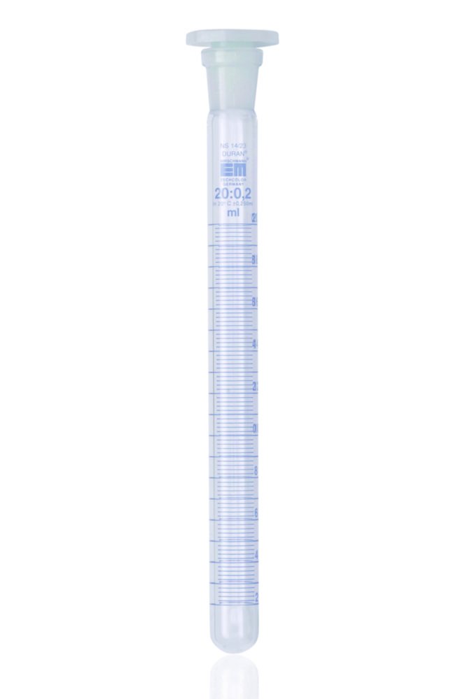 Test tubes, borosilicate glass 3.3, graduated, with stopper, PE | Dimensions (ØxL): 17 x 205 mm