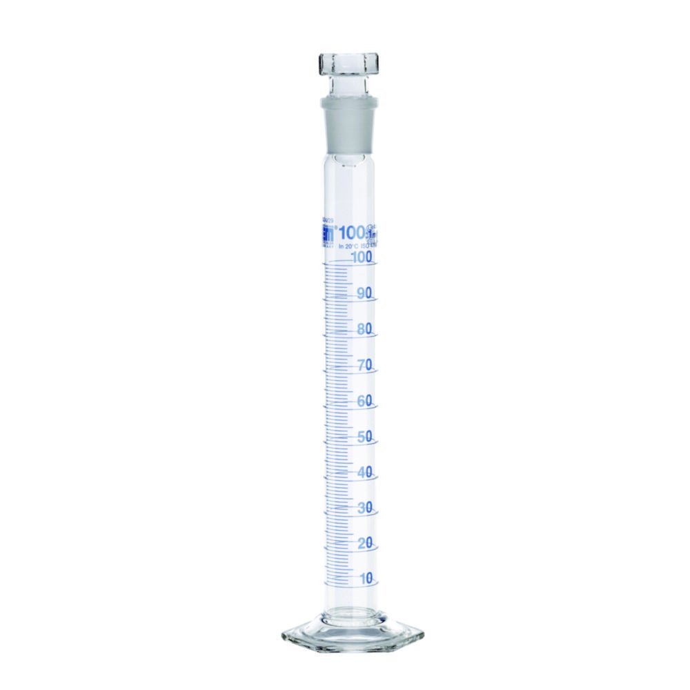 Mixing cylinders, DURAN®, class A, blue graduated, with glass stopper