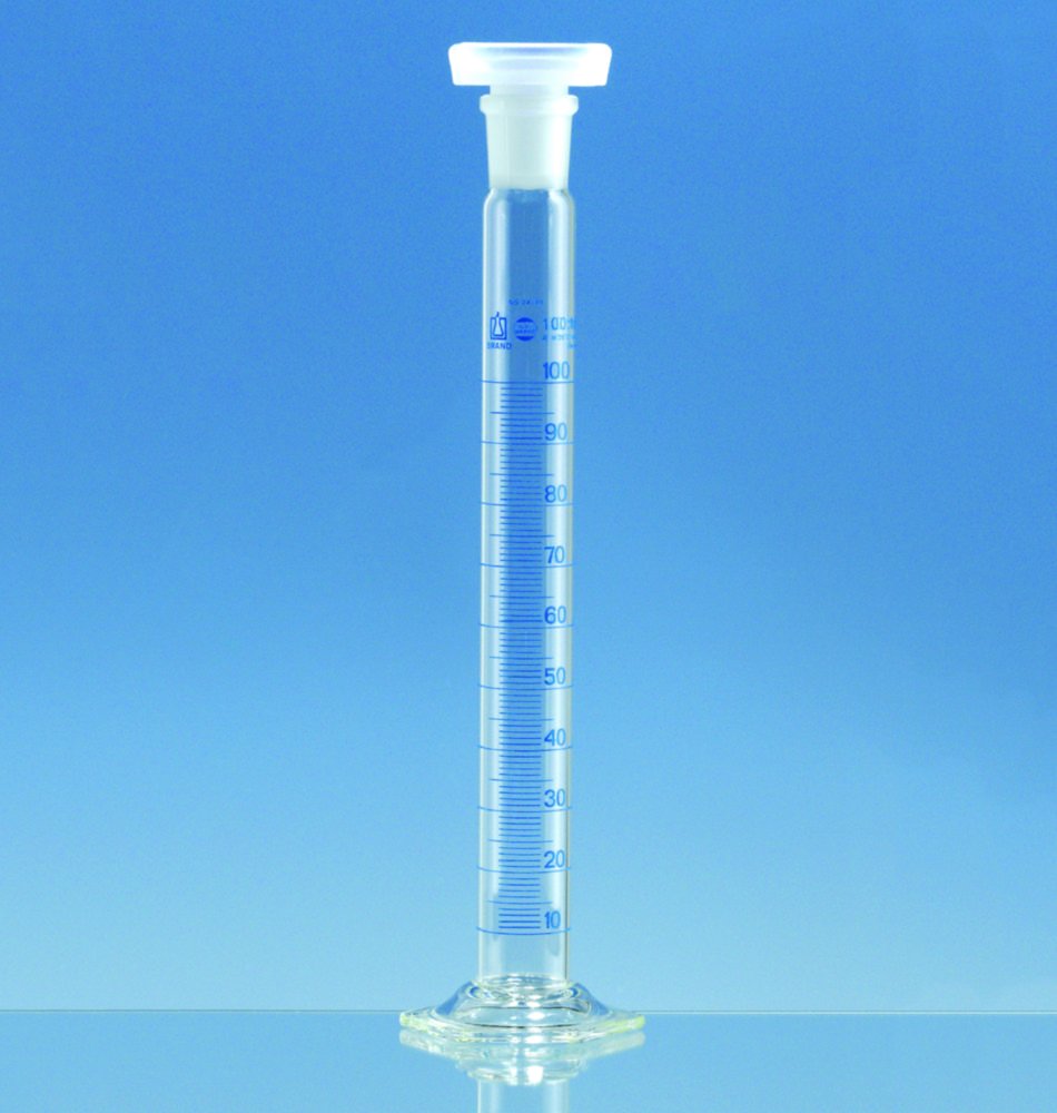 Eprouvette bouchée, en verre borosilicate 3.3, forme haute, classe A, graduations bleues | Volume nominal: 50 ml
