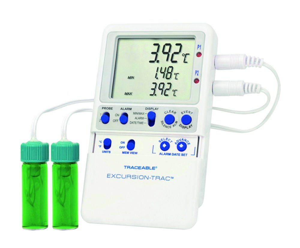 Temperature data logger Traceable® Excursion-Trac™, with 2 vaccine bottle probes