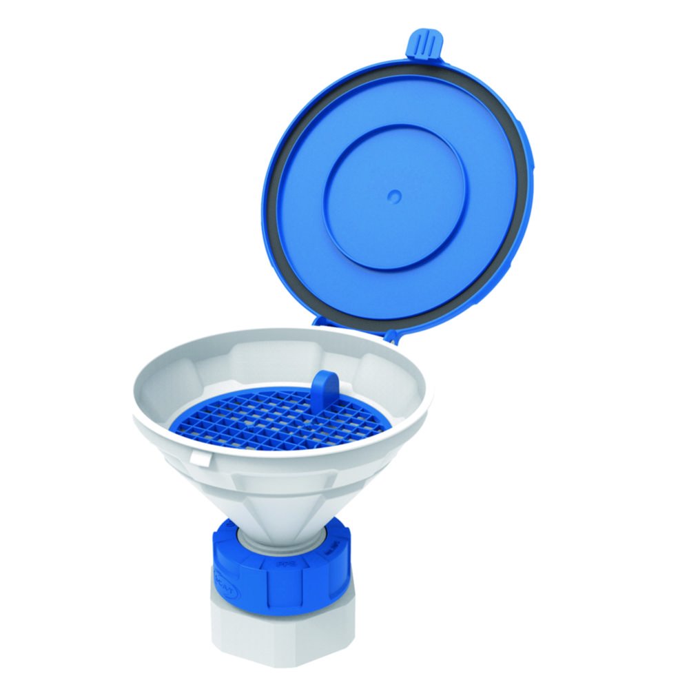 Safety funnels with hinged lid, V2.0, white/blue, HDPE