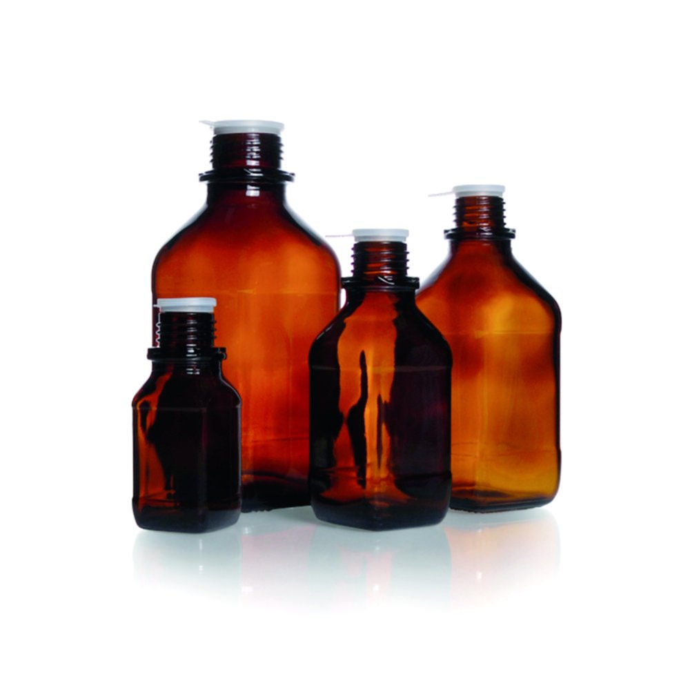 Narrow-mouth square bottles, soda-lime glass, amber glass