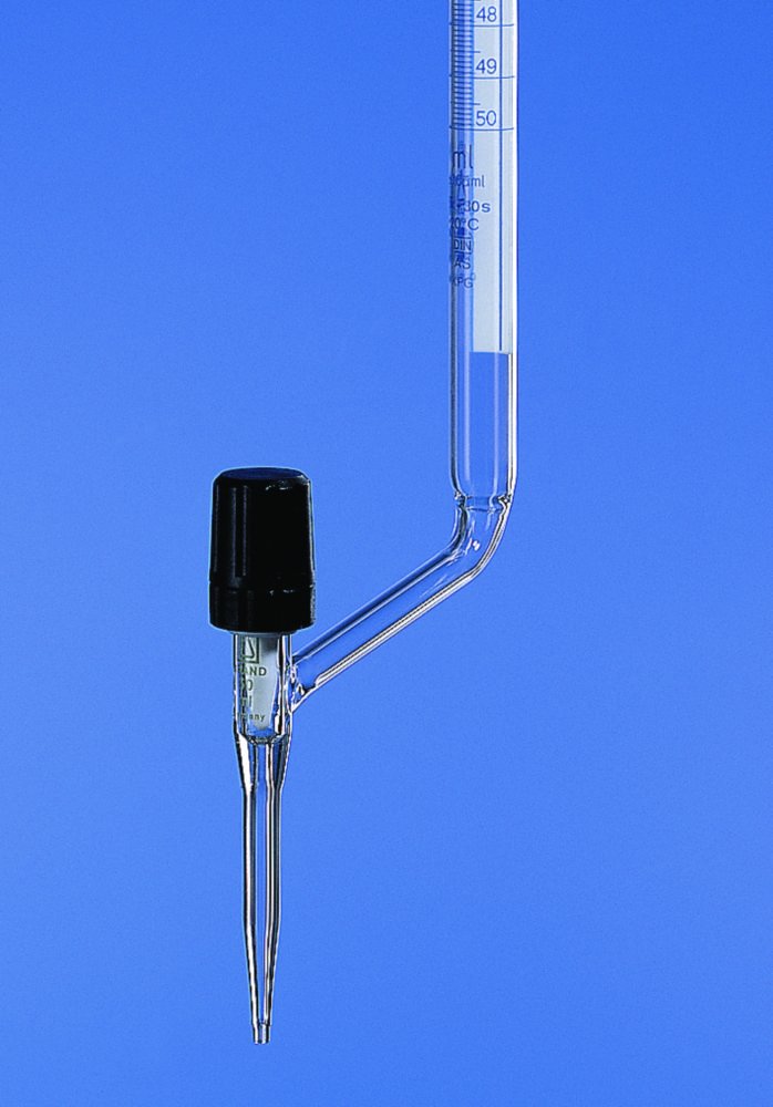 Burette en verre boro 3.3, à robinet latéral, classe AS, avec certificat de calibration DAkkS | Volume nominal: 50 ml