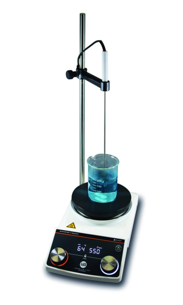 Magnetic stirrer Hei-PLATE Mix ’n’ Heat Core+, LLG Premium Line, incl. temperature sensor Pt1000 with holder, support rod and silicone cover