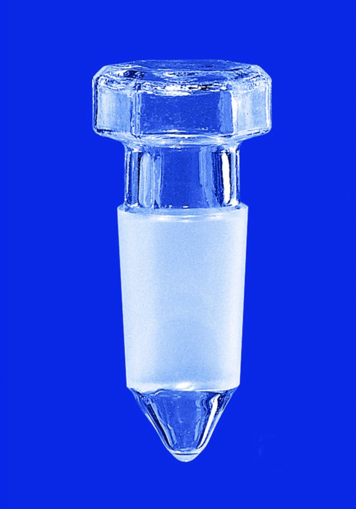 Hollow stoppers, hexagonal plate, pointed bottom, borosilicate glass 3.3 | Ground size: NS7/16
