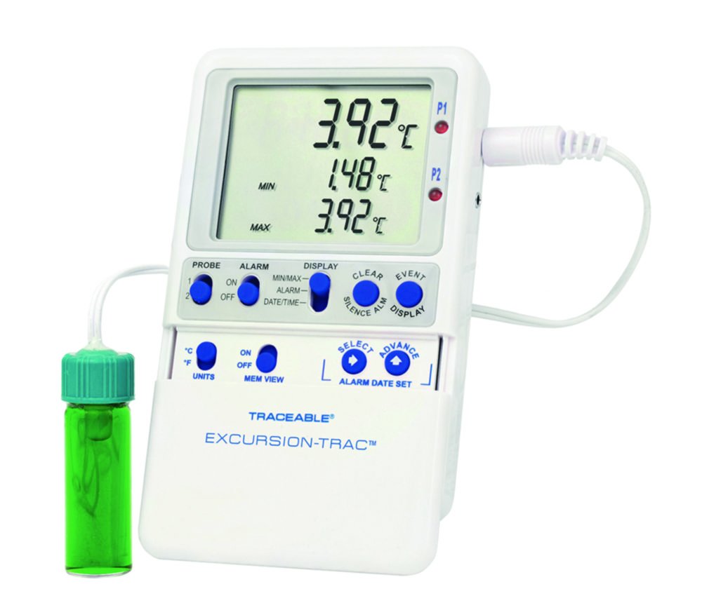 Temperature data logger Traceable® Excursion-Trac™, with 1 vaccine bottle probe