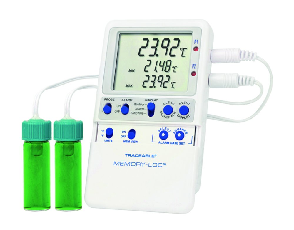 Temperature data logger Traceable® Memory-Loc™, with 2 vaccine bottle probes