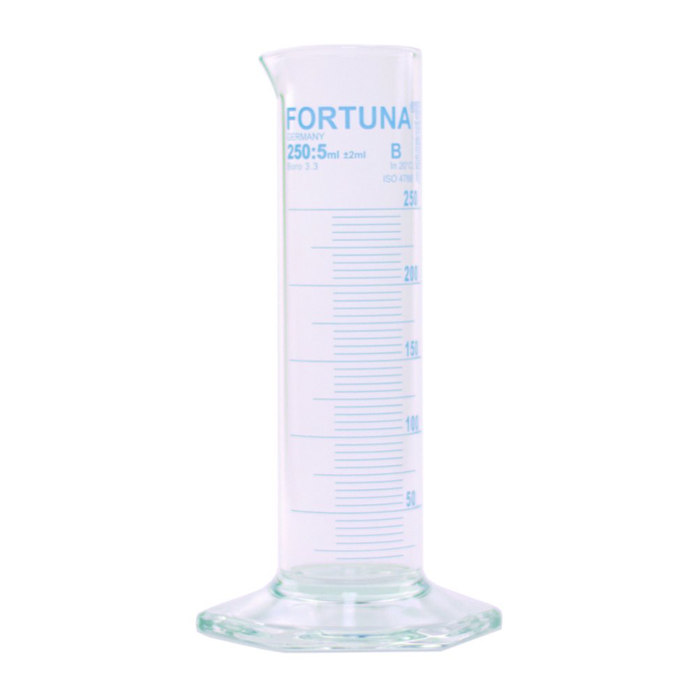 Messzylinder FORTUNA®, Borosilikatglas 3.3, niedrige Form, Klasse B, blau graduiert | Nennvolumen: 500 ml