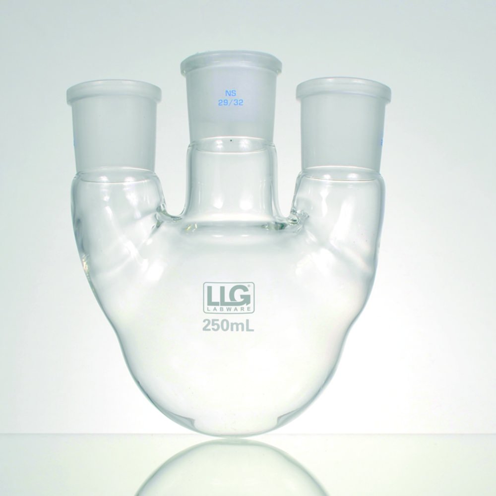 Ballons ronds LLG à trois cols avec rodage normalisé, verre borosilicate 3.3, cols latéraux parallèles | Volume nominal: 250 ml