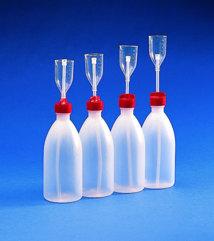 Dispensing bottles, PE, with graduated measuring cup