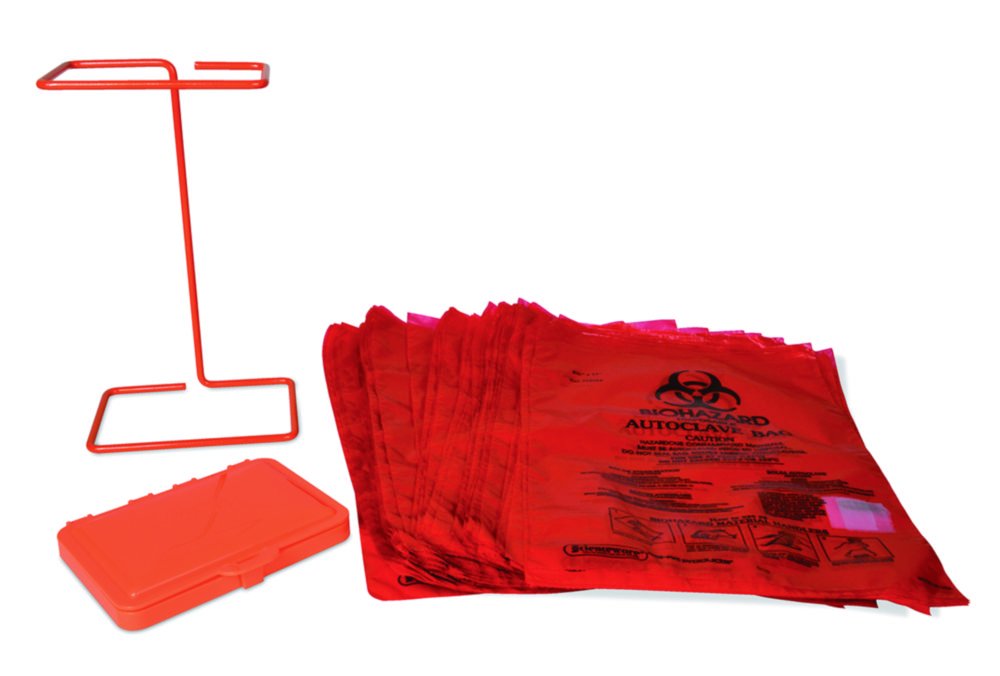 Kit support de table et sacs d'élimination de produits Biohazard | Description: Kit support de table et sacs Biohazard