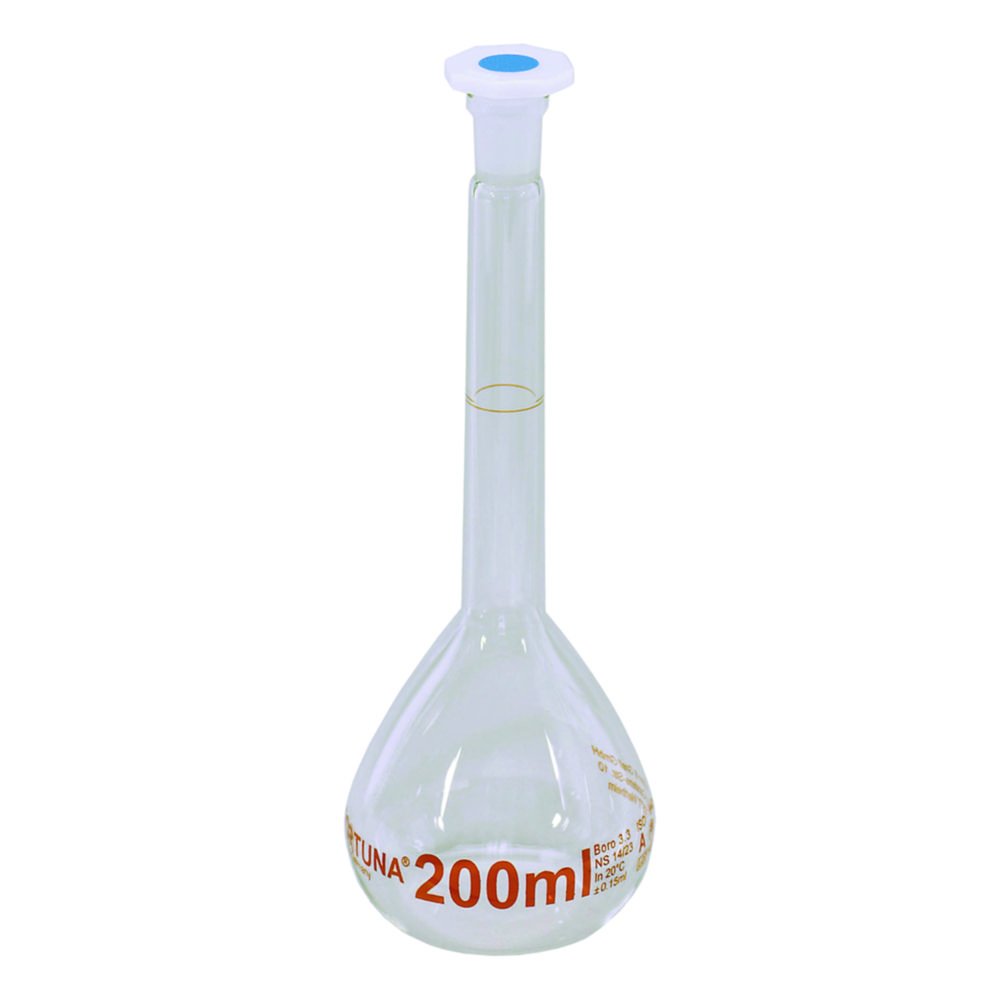 Fiole jaugée Volac FORTUNA®, verre borosilicate 3.3, cl. A, avec bouchon en PP, graduation brune | Volume nominal: 500 ml