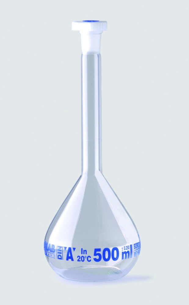 Messkolben, Borosilikatglas 3.3, Klasse A, blau graduiert, mit PE Stopfen