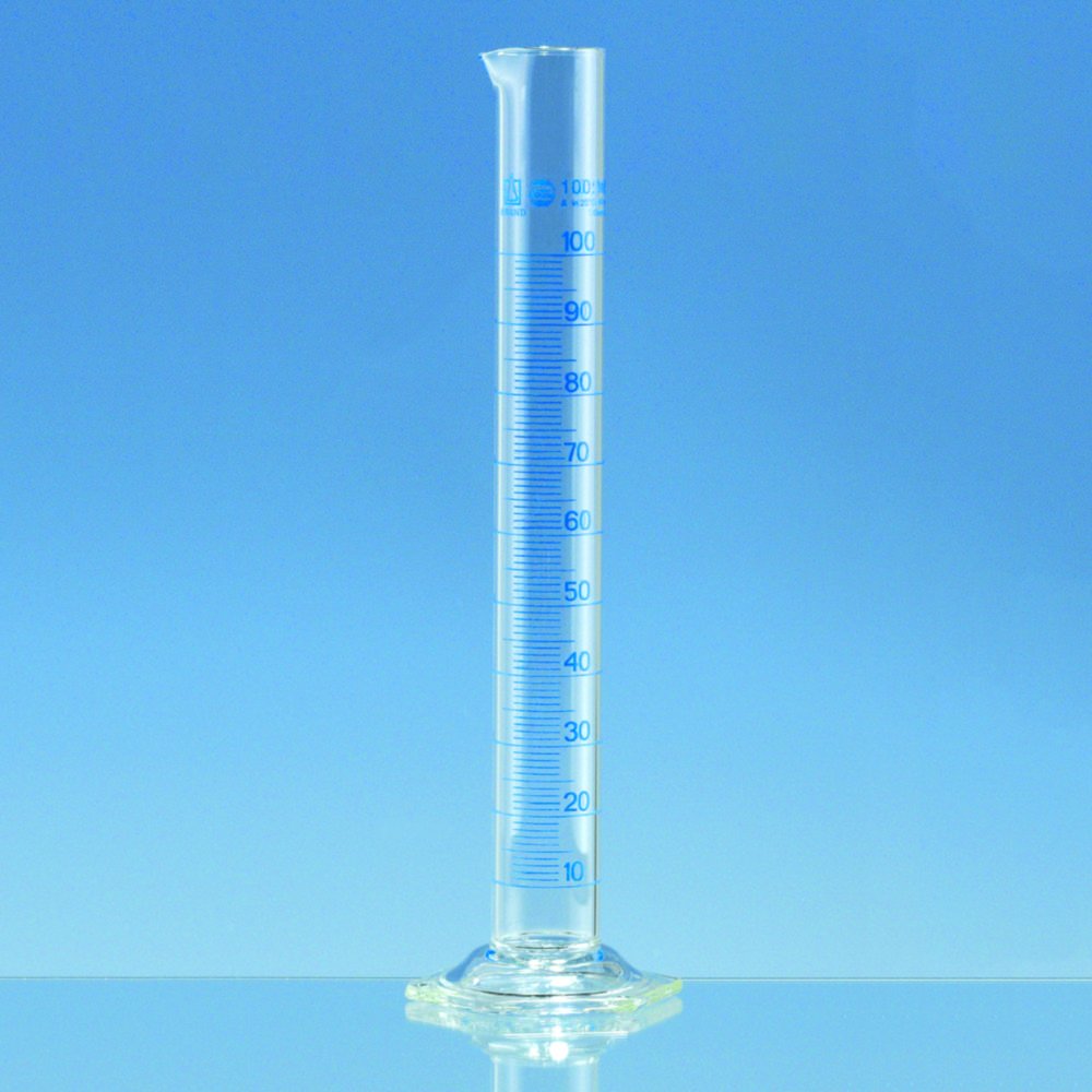 Messzylinder, Boro 3.3, hohe Form, Klasse A, blau graduiert, mit Einzelzertifikat