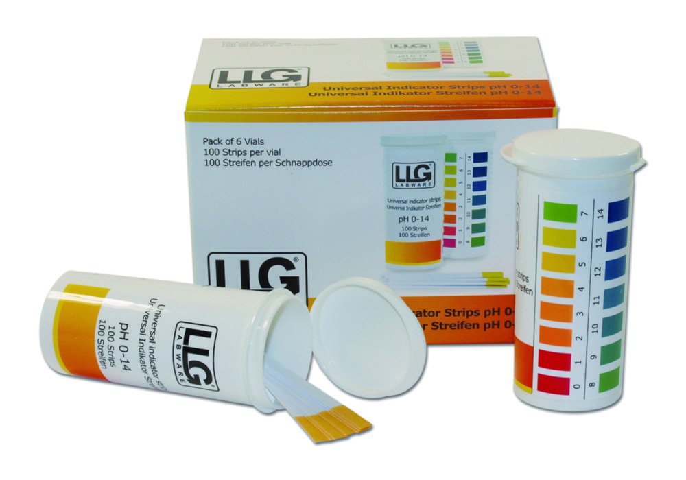 Papier indicateur universel - LLG "Premium", en bandelettes, boîte avec couvercle clipsable | Plage pH: 0 ... 14