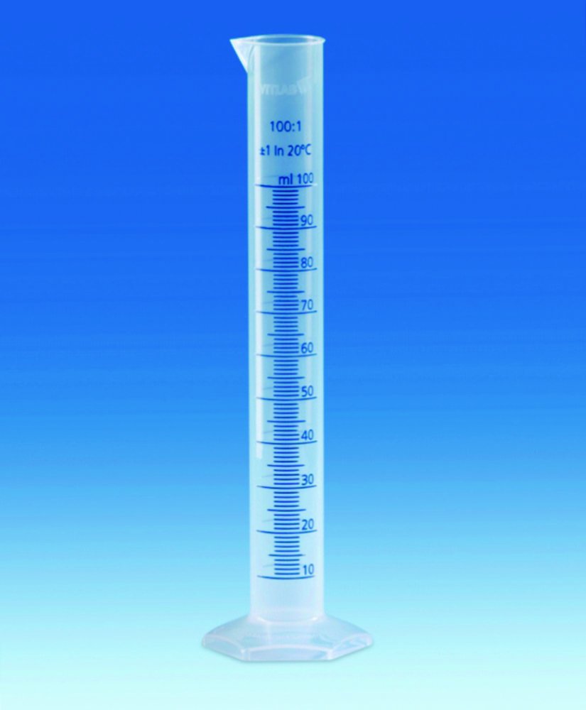 Messzylinder, PP, hohe Form, Klasse B, blaue erhabene Graduierung | Nennvolumen: 100 ml