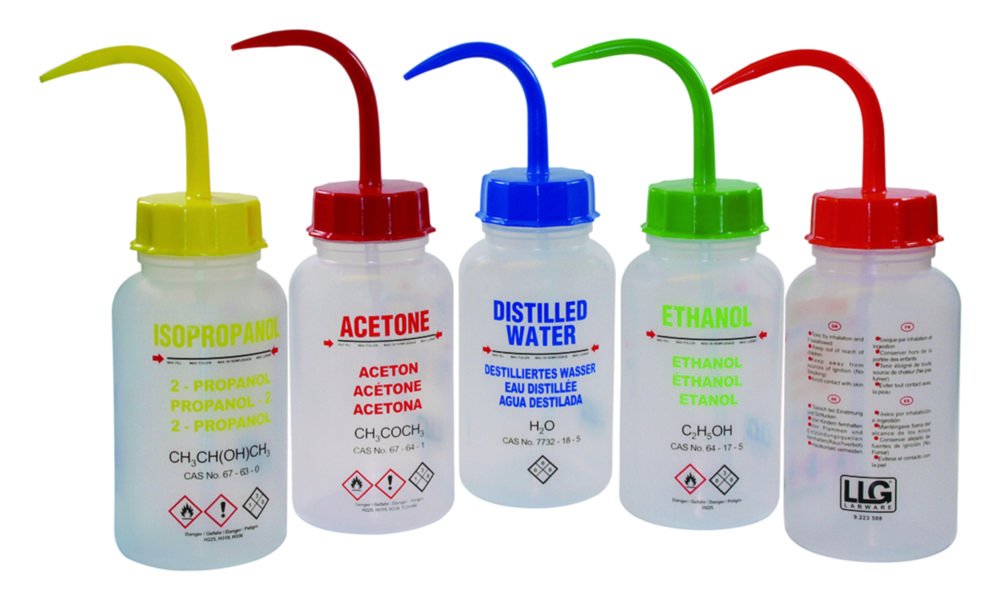 LLG-Spritzflaschen, 500 ml, mit GHS Aufdruck, LDPE | Aufdruck Text: Destilliertes Wasser