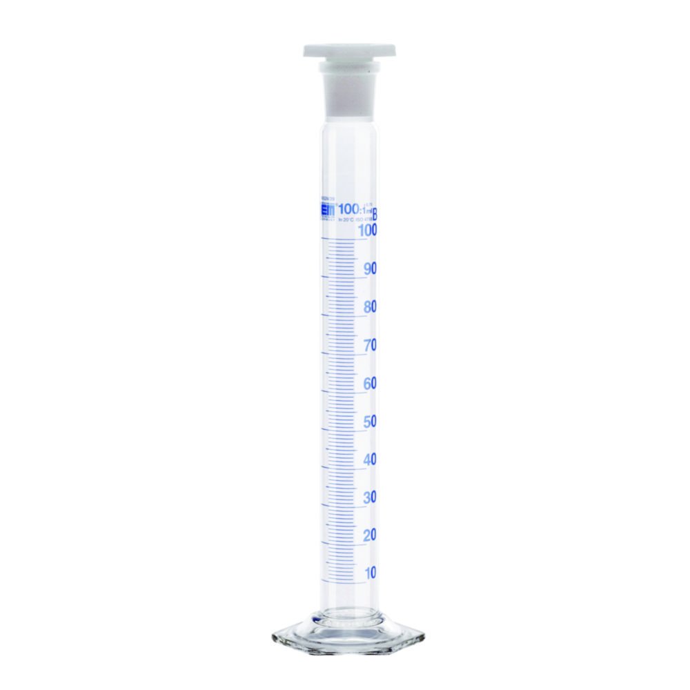 Mischzylinder, DURAN®, Klasse B,  blau graduiert, mit PE-Stopfen | Nennvolumen: 25 ml
