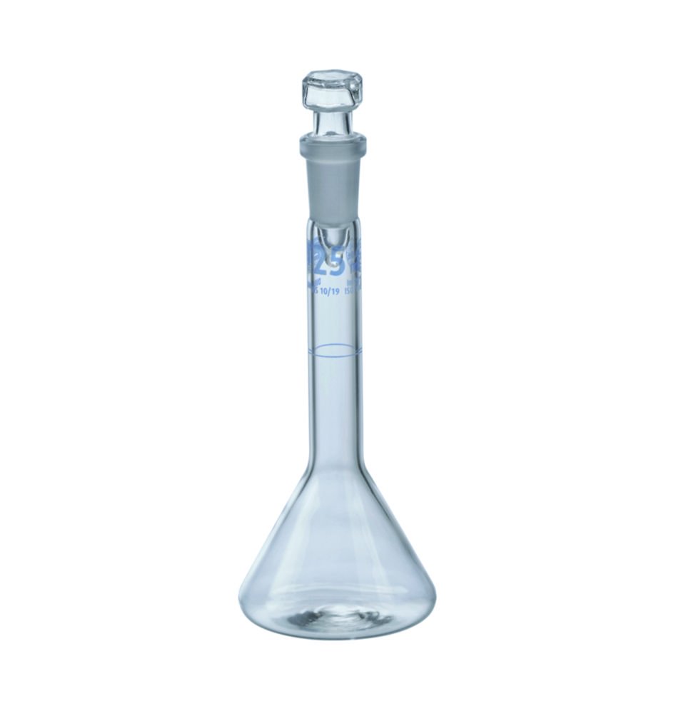 Fiole jaugée, forme trapèze, DURAN®, classe A, graduation bleue, avec bouchon en verre | Volume nominal: 2 ml