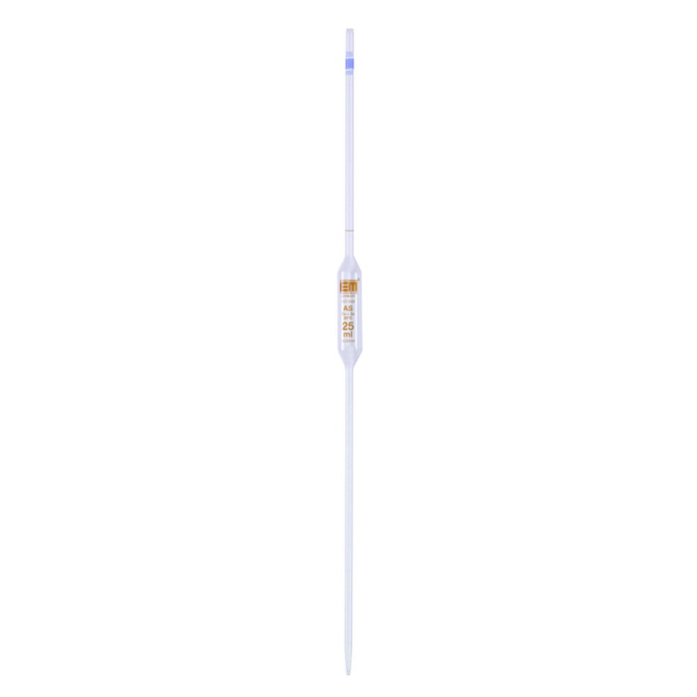 Volumetric pipettes, Soda-lime glass, class AS, 1 mark, amber stain graduation | Nominal capacity: 25.0 ml