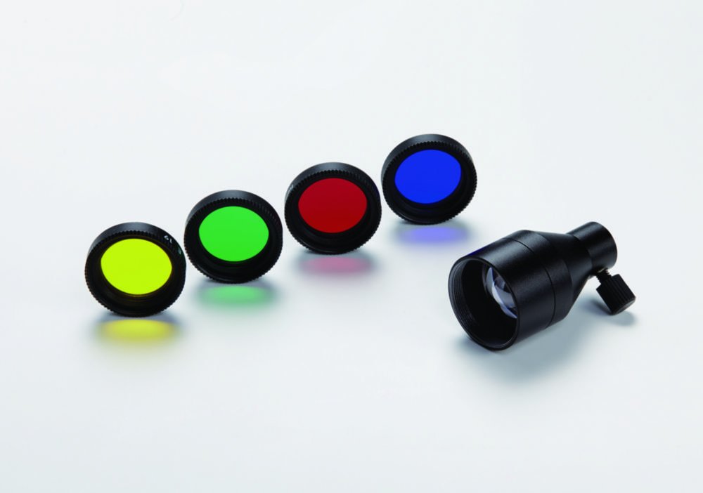 Accessoires pour guide de lumière flexible et col de cygne | Description: Adaptateur de focalisation et jeu de filtres