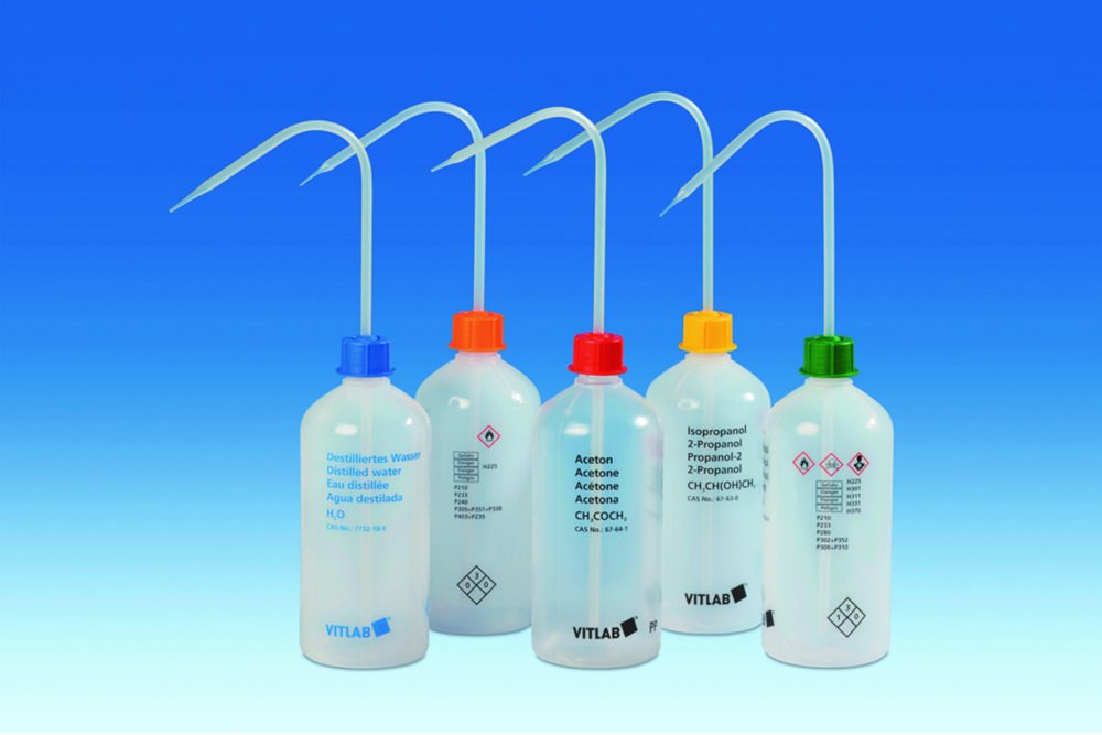 VITsafe™ Safety wash bottles, narrow neck, PP/LDPE | Imprint text: Methanol
