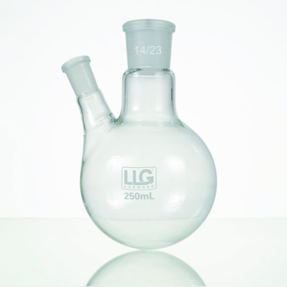 Ballon rond LLG à deux cols avec rodage normalisé, verre borosilicate 3.3, col latéral incliné | Volume nominal: 100 ml