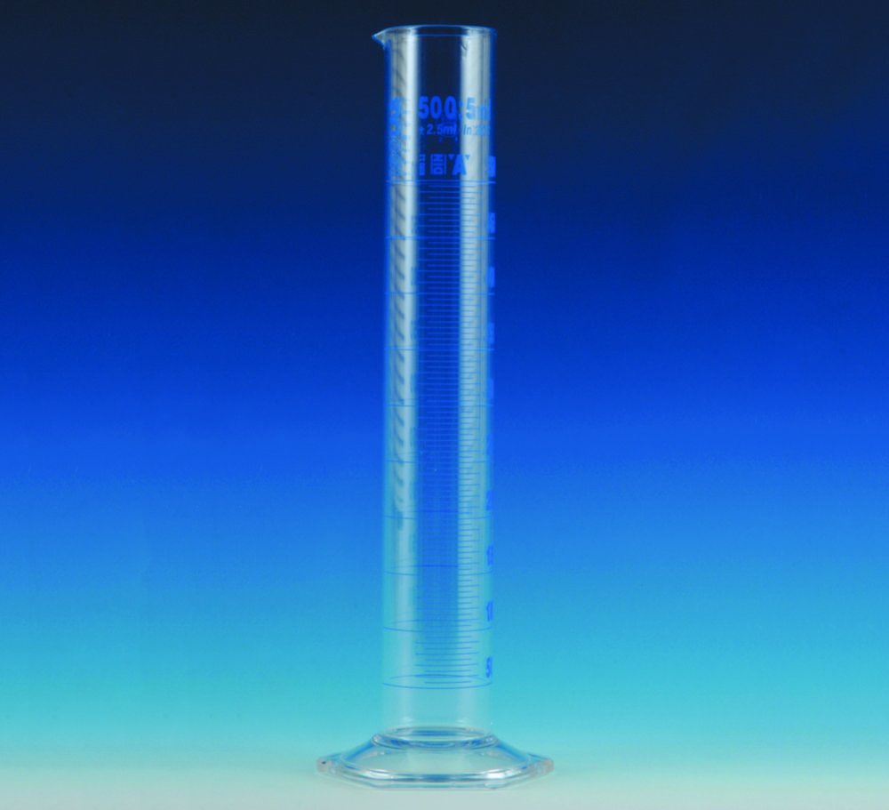 Eprouvette, en verre borosilicaté 3.3, forme haute, classe A, graduations bleues | Volume nominal: 500 ml