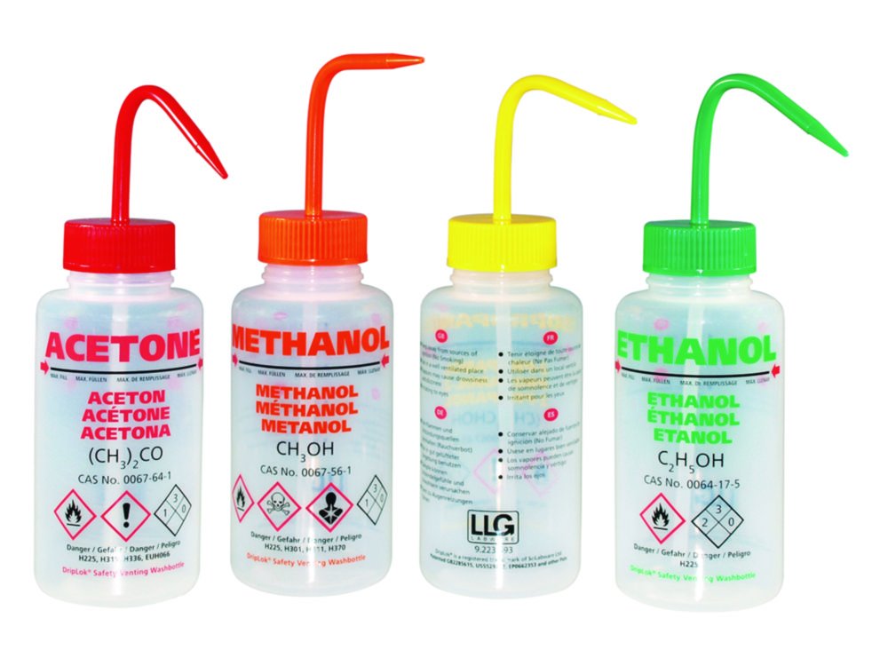 LLG-Sicherheitsspritzflaschen, mit Überdruckventil, LDPE | Aufdruck Text: Methanol