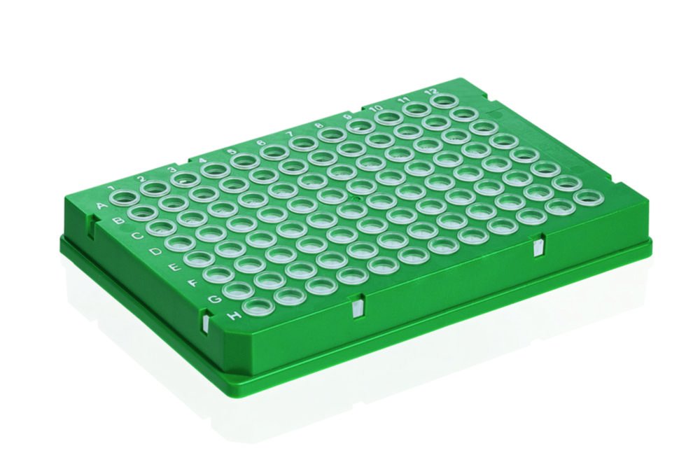 PCR Plates 96 well, Rigid Frame | Description: full skirt, green, wells transparent, low profile