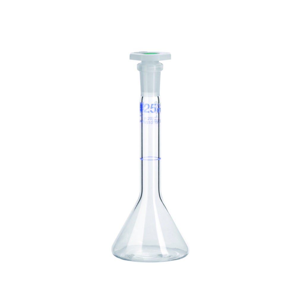 Volumetric trapezoidal flasks, DURAN®, class A, blue graduation, with PE stopper | Nominal capacity: 5 ml