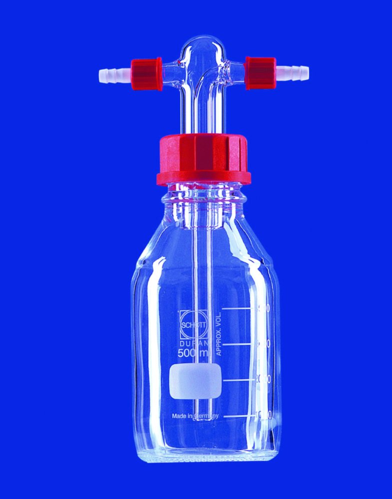 Gaswaschflaschen nach Drechsel, komplett, DURAN®-Rohr | Beschreibung: Gaswaschflasche ohne Filterplatte
