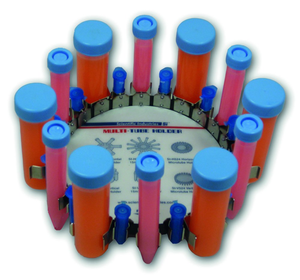 Vertical attachments for vortexers Vortex-Genie® | Description: Vertical attachment for 6 x 50 ml tubes, 6 x 15 ml tubes and 12 reaction vessels