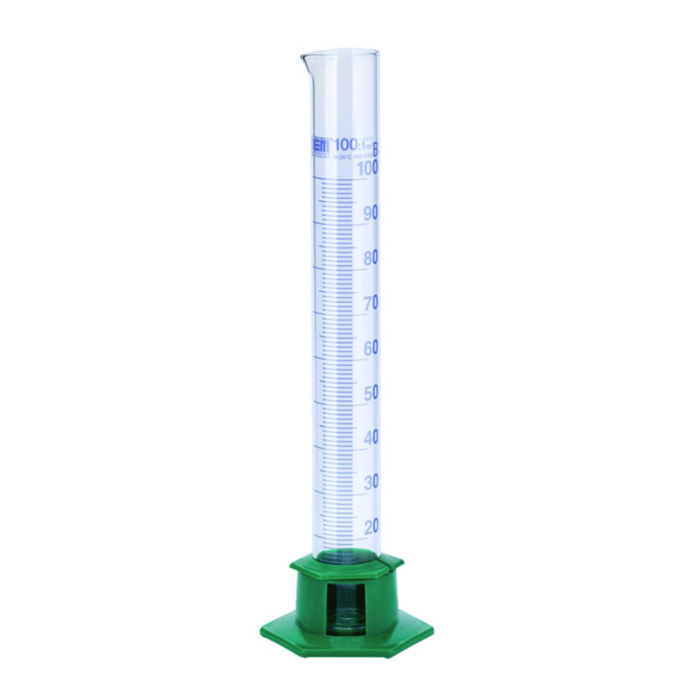 Measuring Cylinder with Plastic Socket, DURAN®, class B, Blue Graduation | Nominal capacity: 500 ml