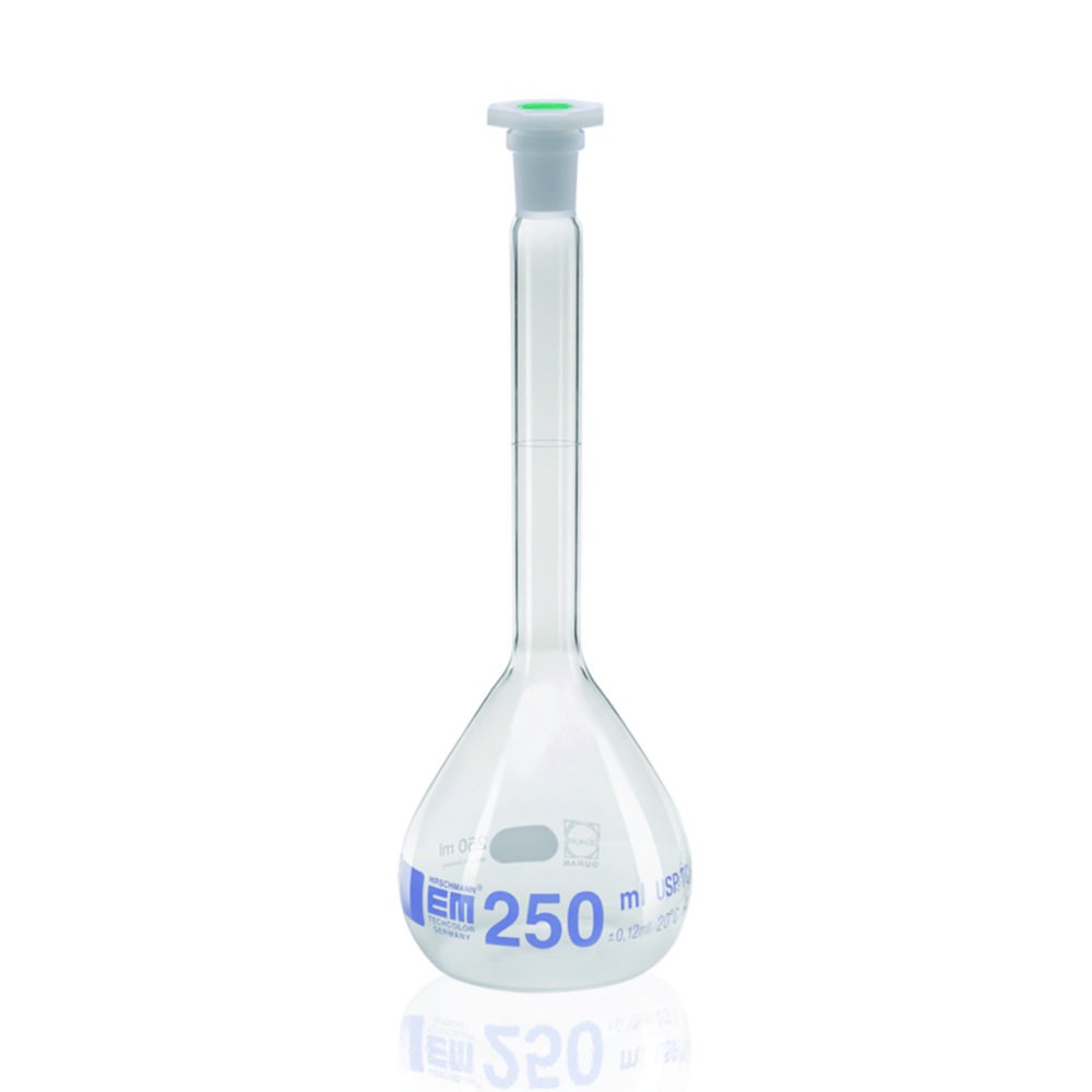 Measuring Flask, DURAN®, Class A, Blue Graduation, PE Stopper, USP | Nominal capacity: 200 ml