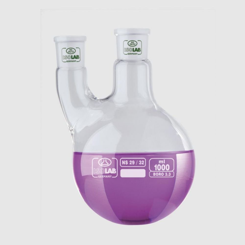 Ballon à fond rond à deux cols avec douille conique NS, avec bras latéral parallèle, verre borosilicate 3.3