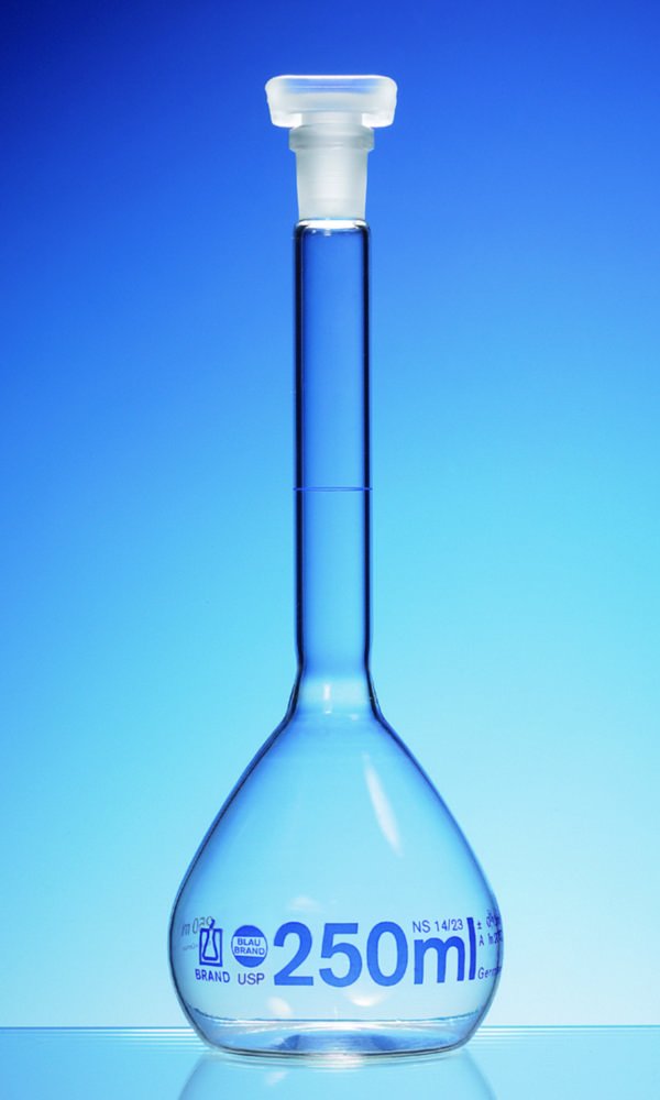 Messkolben, Boro 3.3, Klasse A, blau graduiert, mit PP-Stopfen, inkl. USP-Chargenzertifikat | Nennvolumen: 25 ml