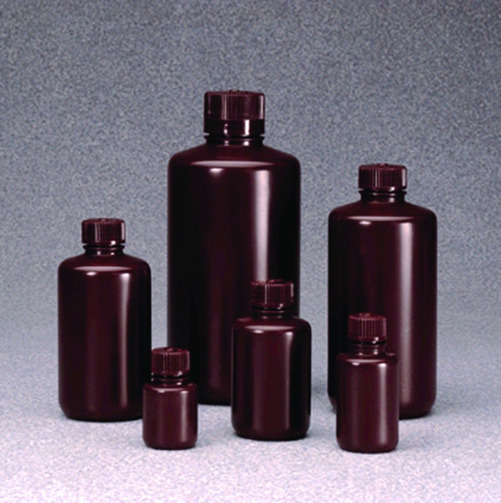 Narrow-mouth bottles Nalgene™, with closure, HDPE, amber